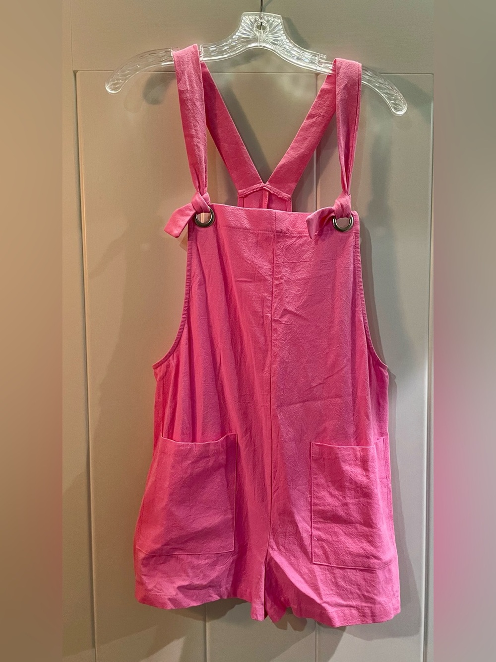 Junior’s Bright Pink Sleeveless Overall Jumper with Front Pockets